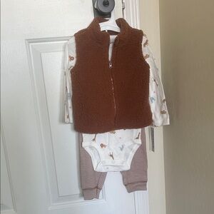 Carter’s Brown Fleece Vest with Animal Print Onesie and Striped Pants